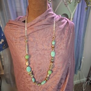 Vintage Coldwater Creek Turquoise Silver Brown Artisan Beaded Necklace Long 34"